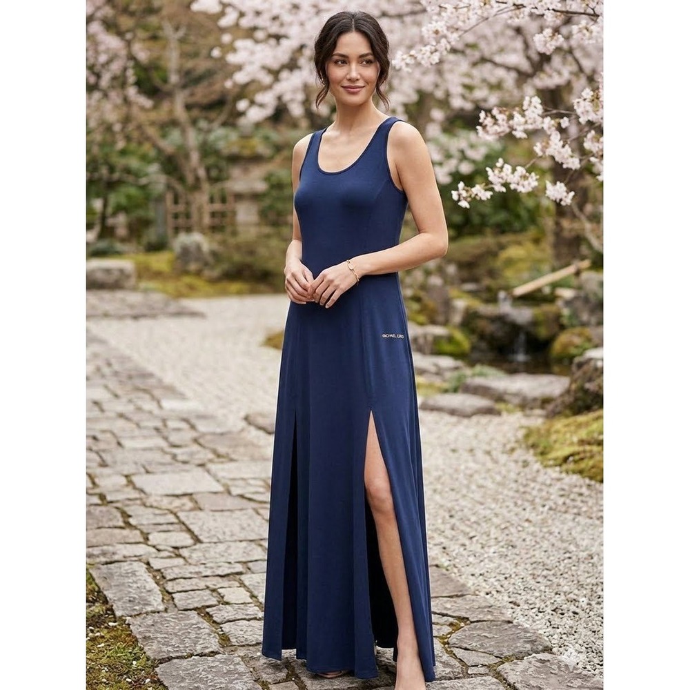 Michael Kors Navy Blue Sleeveless Double Slit Maxi Dress Large‎